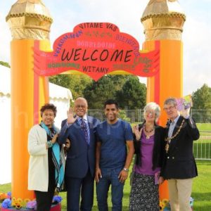 Eldred Bethel High Commissioner of the Bahamas, Gurvinder Sandher and the Mayor of Maidstone Cllr Thick at the Mela Welcome Gate