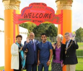 Eldred Bethel High Commissioner of the Bahamas, Gurvinder Sandher and the Mayor of Maidstone Cllr Thick at the Mela Welcome Gate